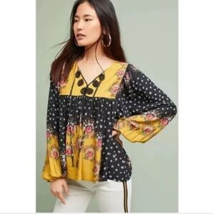 Farm Rio Intarsia Black Floral Pullover Boho Blouse